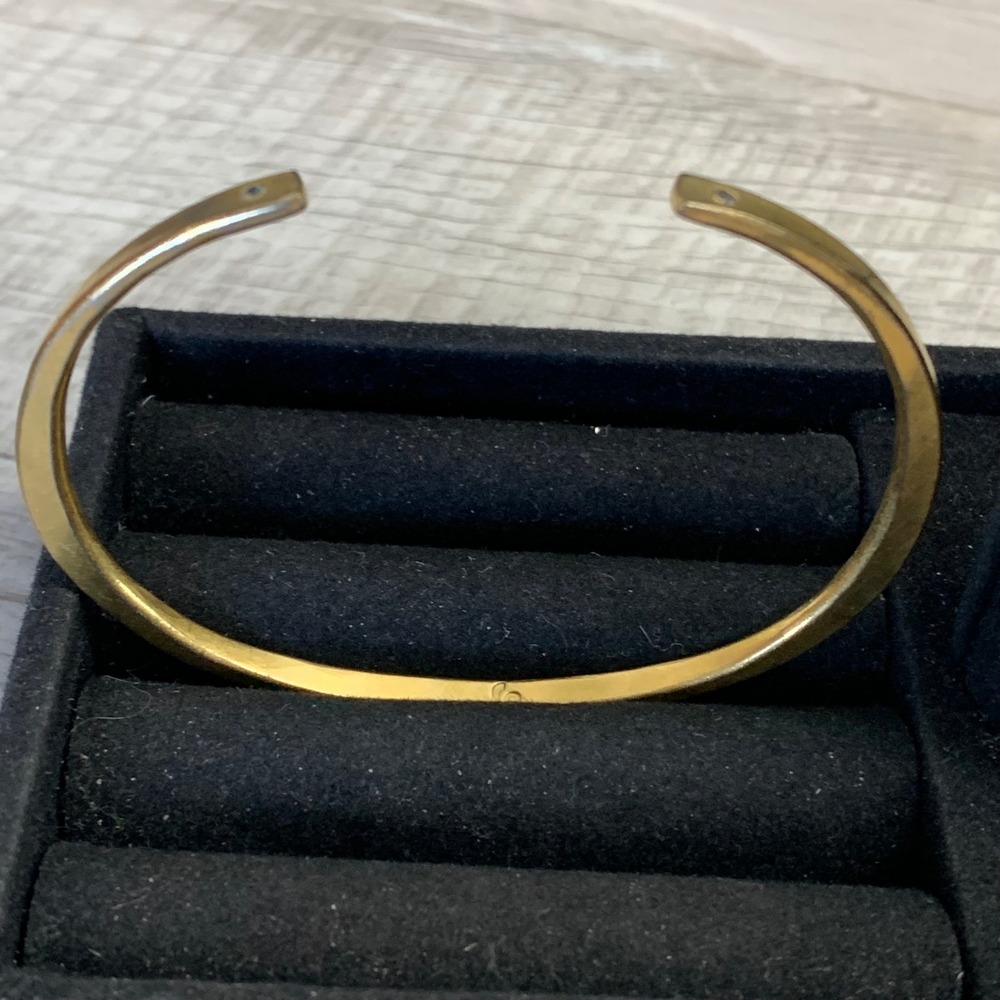 Gold Tone Hammered Cuff Bracelet with Clear Stone Accents Logo H Minimalist